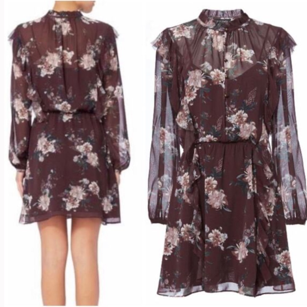 New Intermix Silk Brown Floral Ruffled Long Sleeve Short Dress